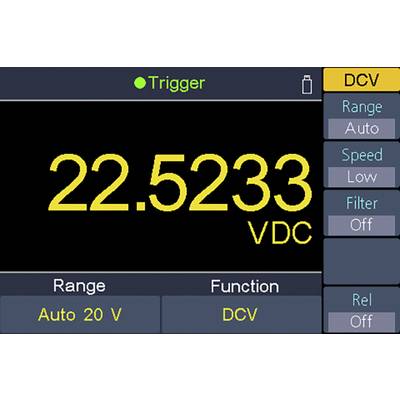 Digitale weergave van een meetapparaat toont '22.5233 VDC' aan. Modus is gelijkspanning (DCV), automatisch bereik, lage snelheid.