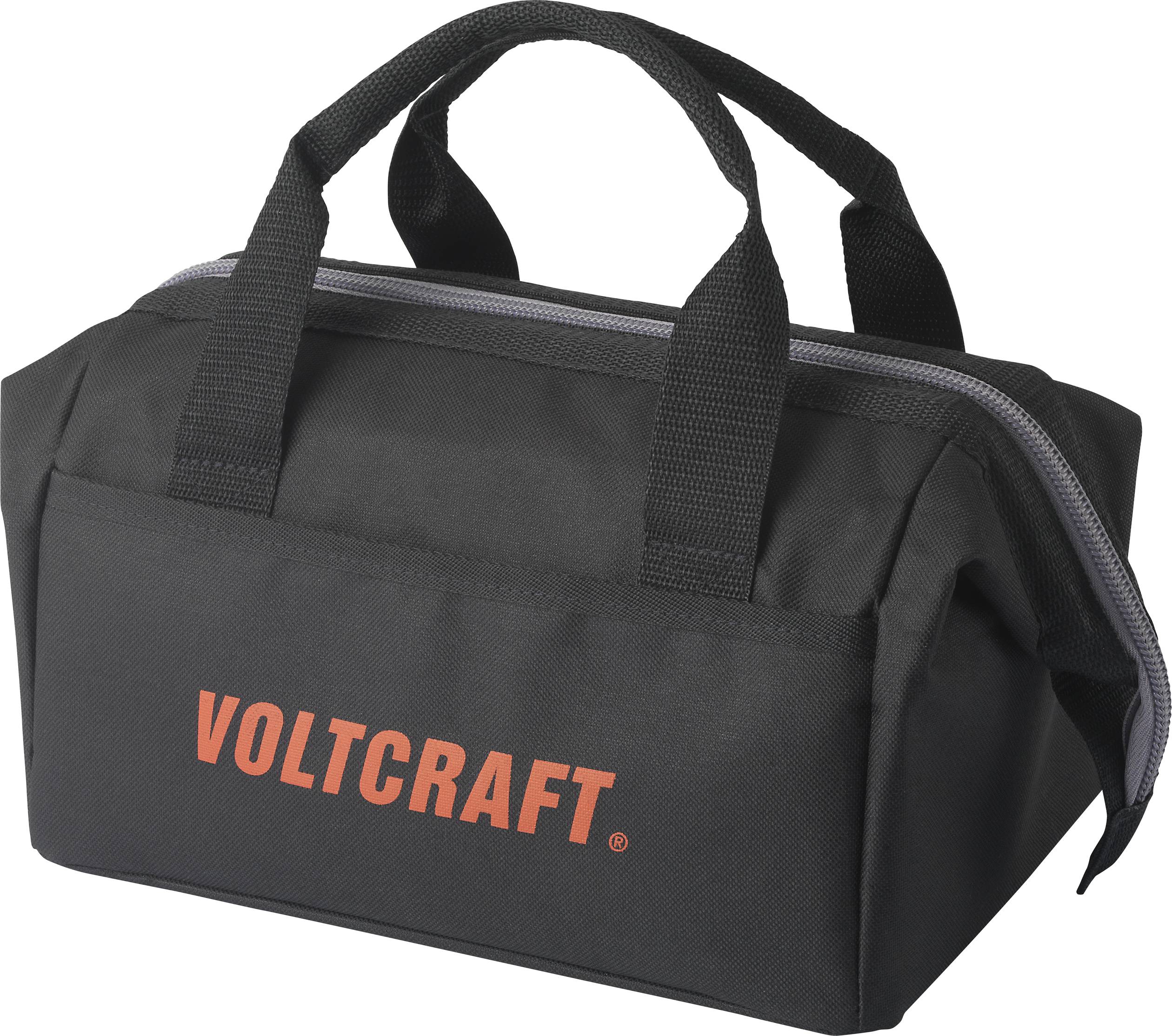 Een zwarte draagtas met het opschrift 'Voltcraft' in rode letters.