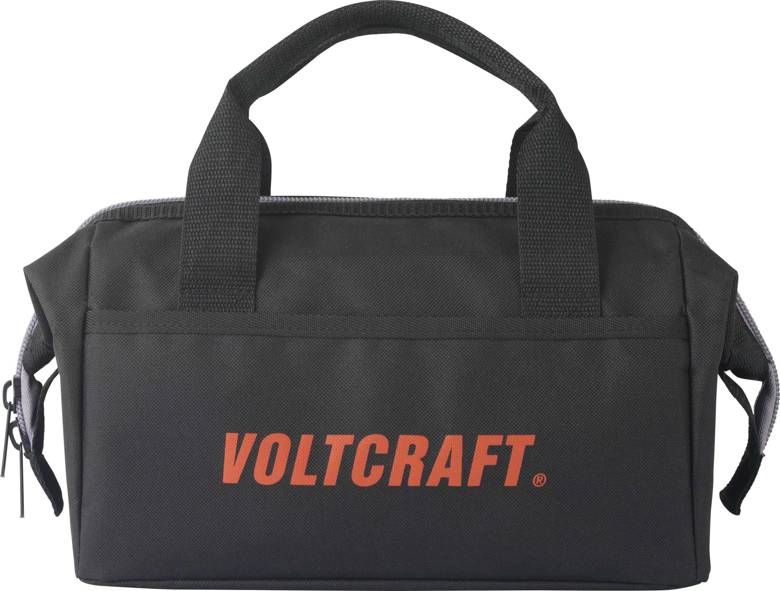 Zwarte gereedschapstas met het opschrift 'VOLTCRAFT' in rode letters. Hij heeft twee handgrepen en een rits.