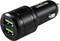Zwart USB-autolader met twee groene USB-poorten, compact en geschikt voor de sigarettenaansteker in de auto.