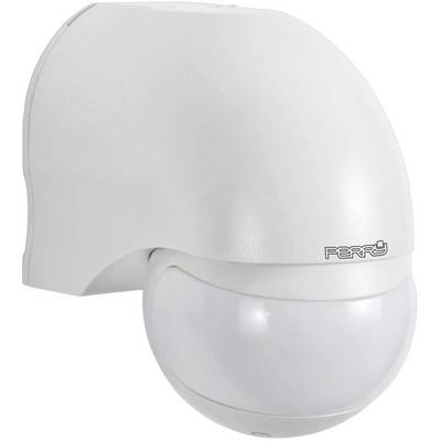 Een witte bewegingsdetector in de hoek van een ruimte, gemonteerd aan de muur; gebruikt voor het detecteren van beweging in de ruimte.