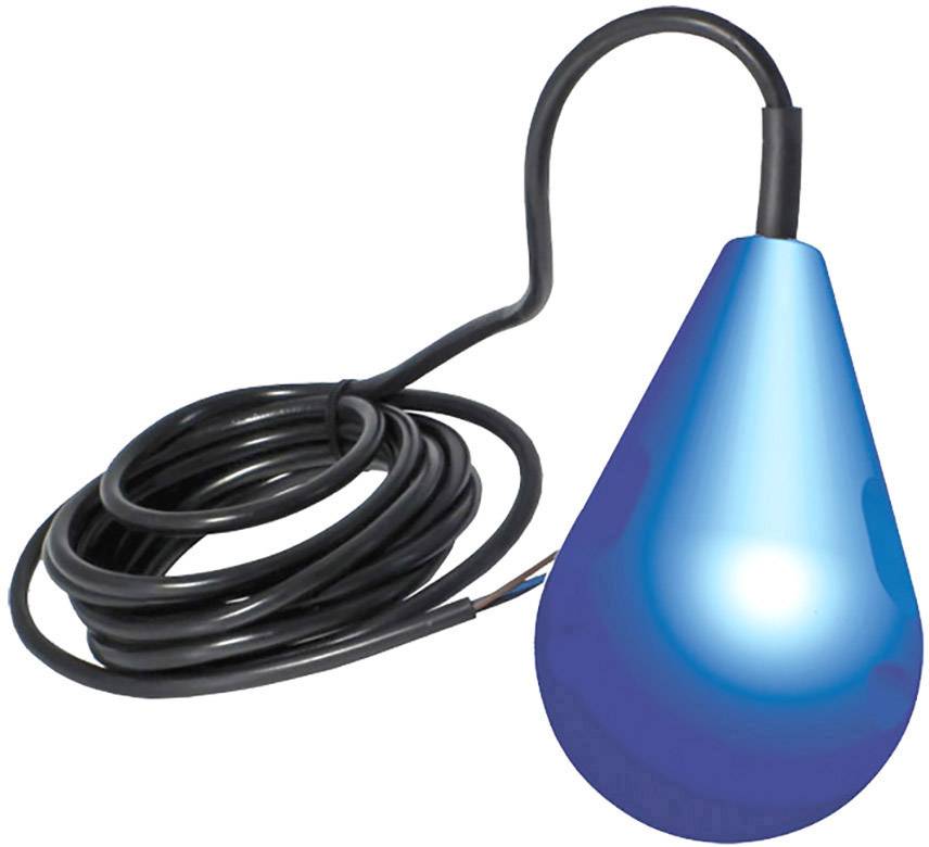Een blauwe vlotterschakelaar met zwart kabel, gebruikt voor waterstanddetectie in tanks of pompensystemen.