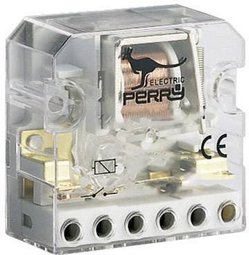 Een transparant relais met het opschrift 'Perry' en elektronische componenten aan de binnenkant. Aansluitingen en een koperen spoel zijn zichtbaar.