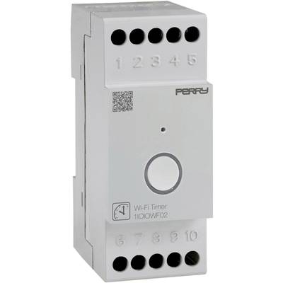 Een grijs-witte Wi-Fi-timer van Perry met tien aansluitpunten, genummerd van 1 tot 10, en een centrale toets aan de voorkant.