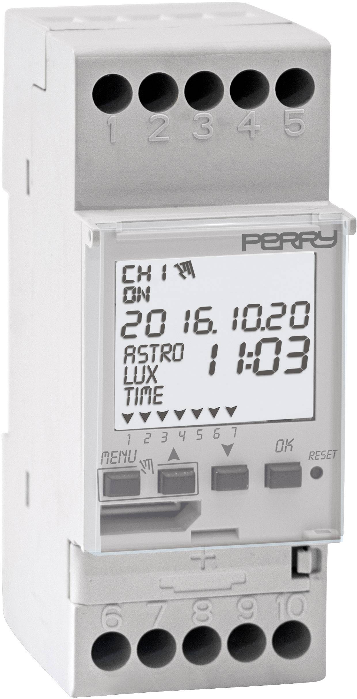 Elektronische tijdschakelklok met digitaal display, toont datum '16-10-20' en tijd '11:03'. Bovenaan vijf aansluitklemmen.
