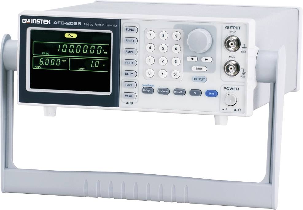 Een elektronisch apparaat met een scherm voor het weergeven van frequenties, een toetsenblok voor besturing en twee aansluitbussen aan de rechterkant.
