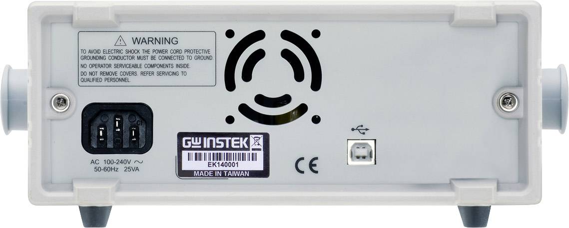 Achterkant van een elektronisch apparaat met netaansluiting, ventilator en waarschuwingen voor elektrische veiligheid; merknaam 'GW Instek'.