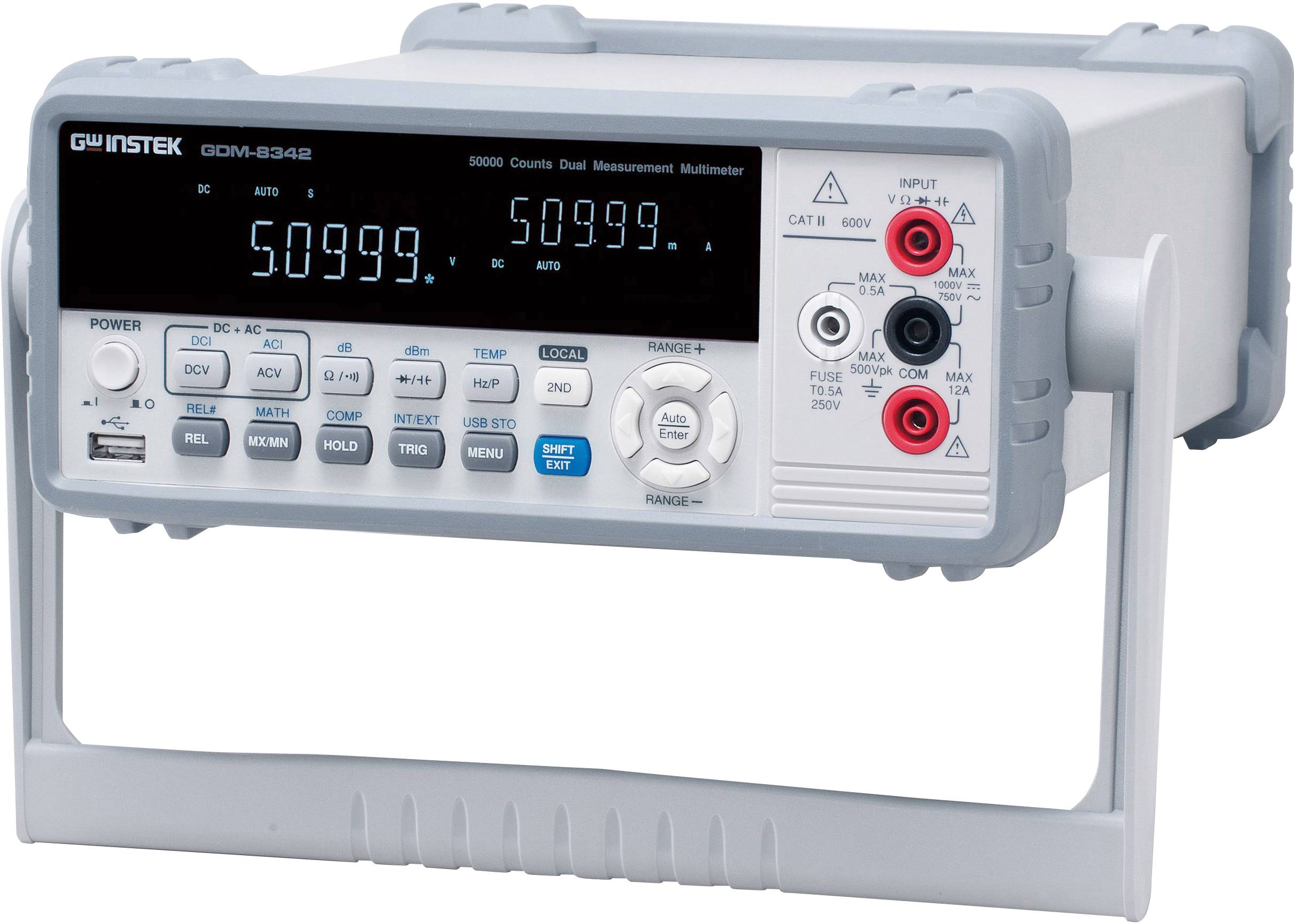 Digitaal multimeter met display-indicatie van '50999' en bedieningsknoppen, gebruikt voor nauwkeurige meting van elektrische groottes.
