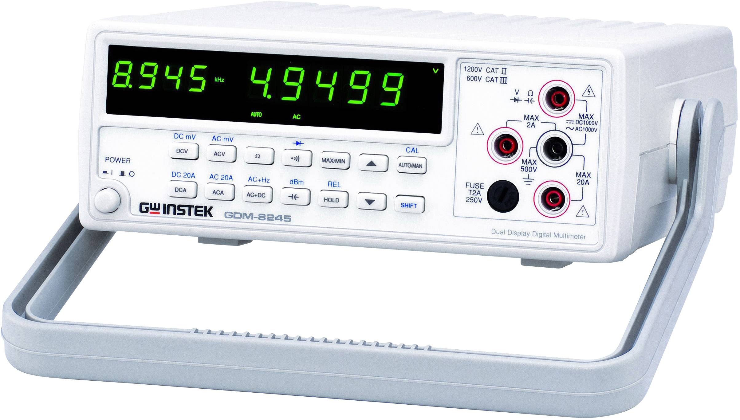 Multimeter met digitaal display toont '8.945 - 4.9499'. Het heeft verschillende aansluitingen aan de voorkant, geschikt voor elektrische metingen.
