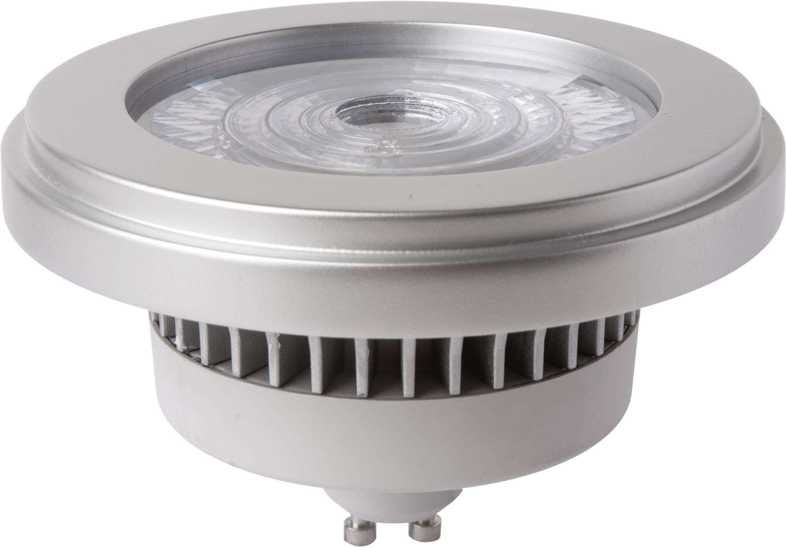 Zilveren LED-schijnwerper met ronde vorm en koelribben; geschikt voor energiezuinige verlichting.