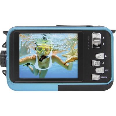 Een onderwatercamera toont een vrouw met snorkel en masker die zwemt in helder water en een zeester vasthoudt.