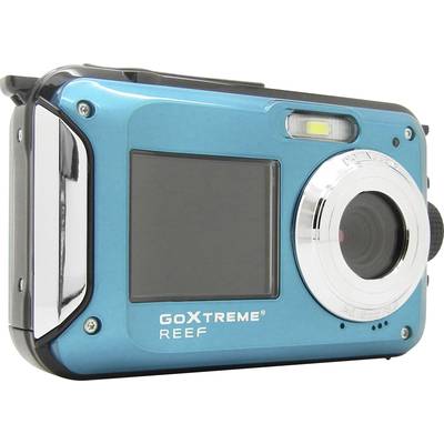 Blauwe waterdichte camera met lens en scherm, geschikt voor onderwateropnamen. Modelnaam 'GoXtreme REEF'.