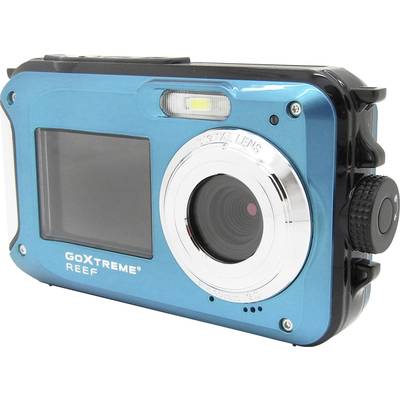 Waterdichte, blauwe digitale camera met groot objectief, LCD-scherm en robuuste behuizing, geschikt voor onderwaterfotografie.