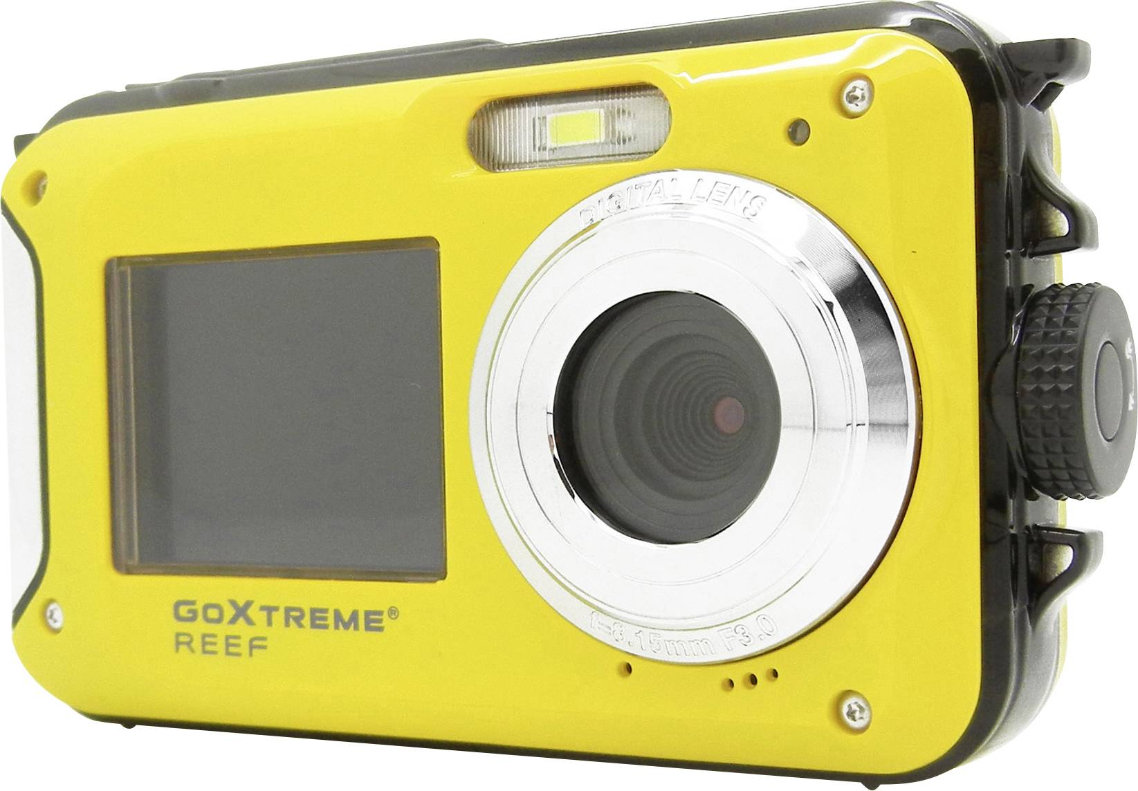 Gele GoXtreme Reef-camera met groot objectief en scherm aan de achterkant, geschikt voor onderwateropnamen.