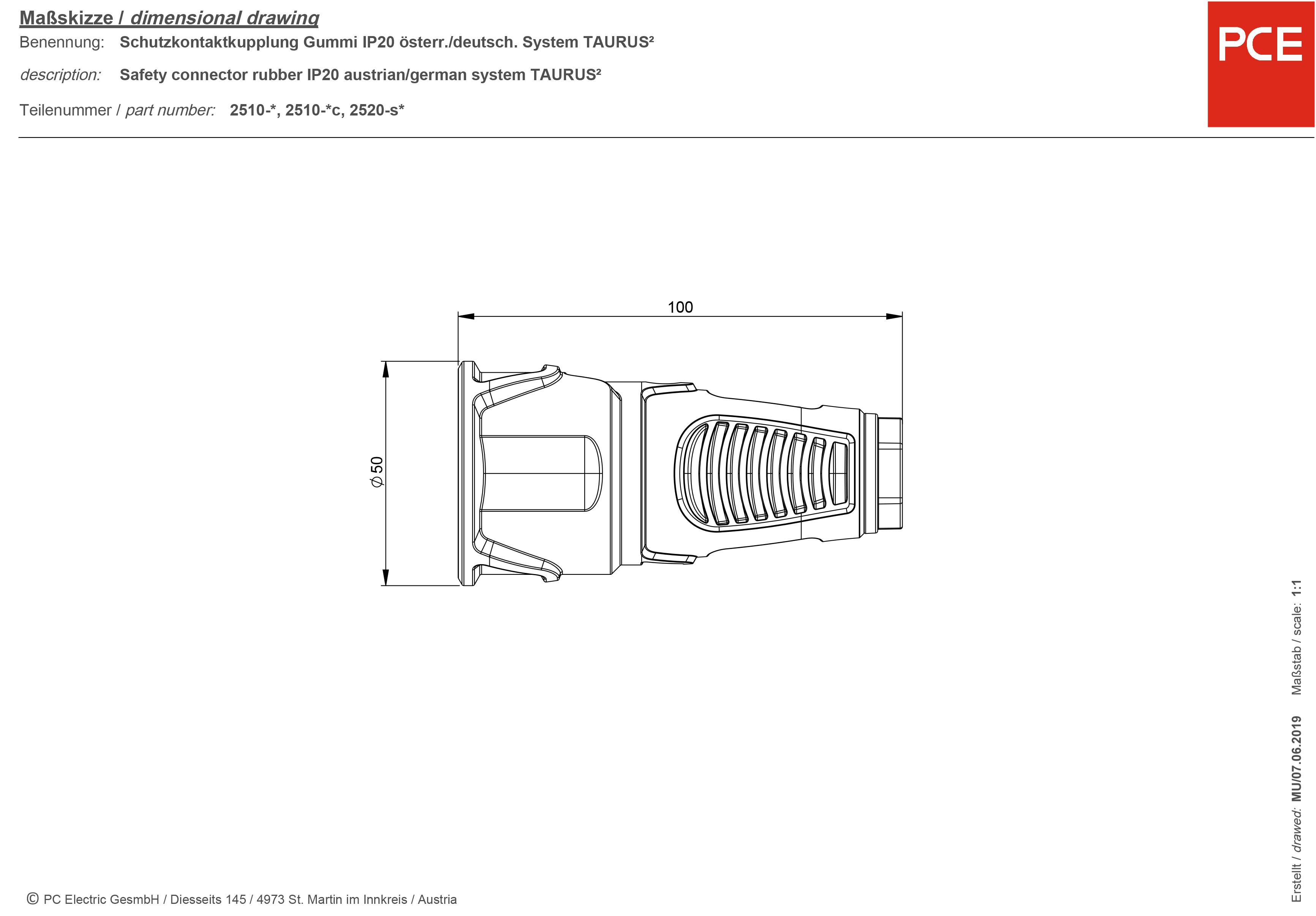 Technische tekening van een randaarde contactdoos van rubber IP20, TAURUS®-systeem. Afmetingen: lengte 2150 mm, 2510 mm, 2520 mm.