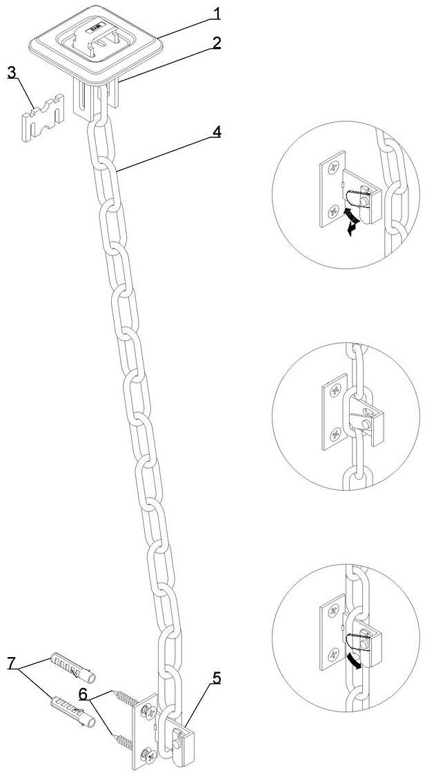 Diagram van een veiligheidsketting met montagehandleiding: 1) Plaat, 2) Schroeven, 3) Ketting, 4) Karabijnhaak, 5) Beugel, 6) Wandsteun, 7) Plug.