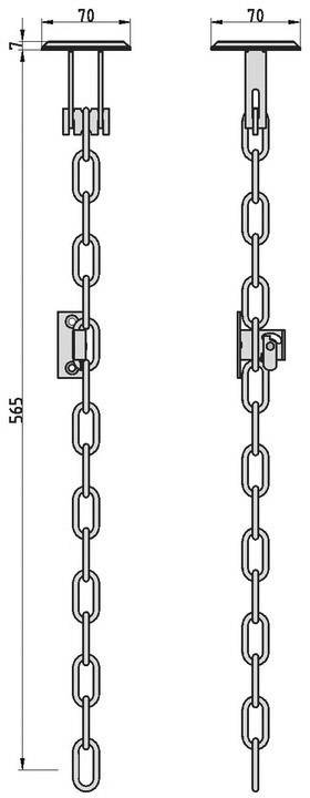 Kettingophanging met afmetingen: totale lengte 565 mm, breedte 70 mm. Aan het plafond bevestigd, toont de afbeelding twee aanzichten van de ketting met bevestigingsbeugels.