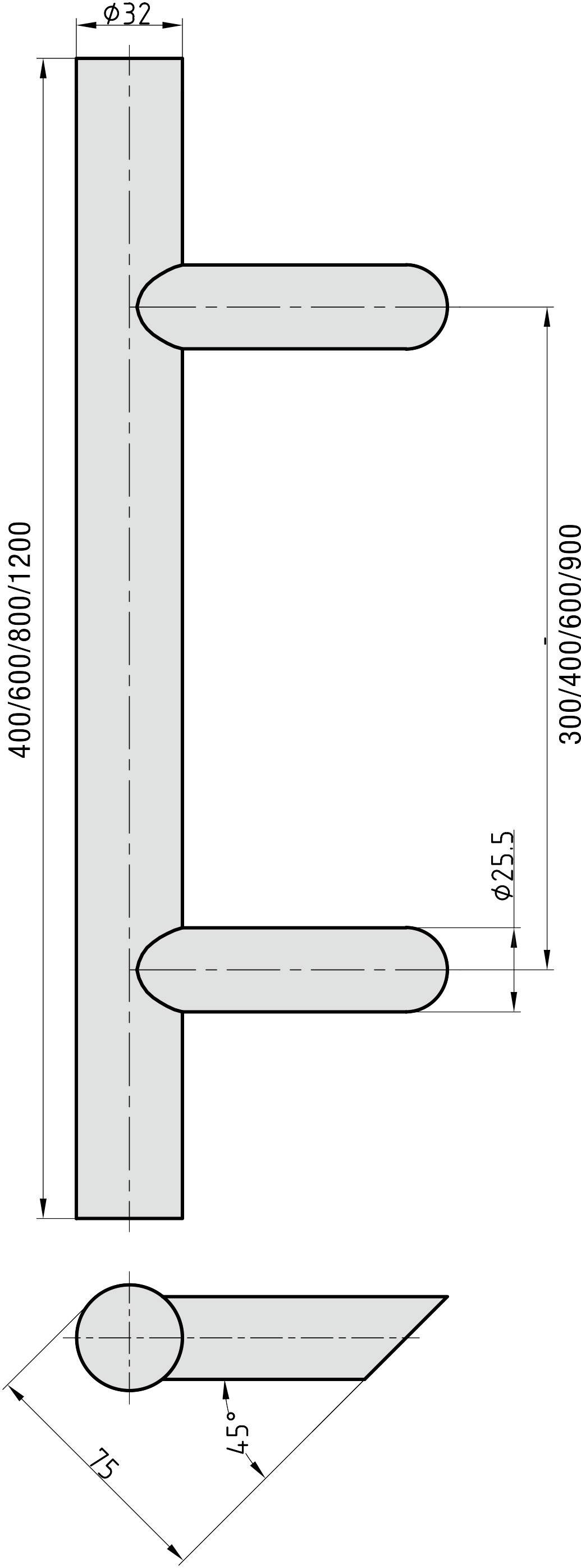 Technische tekening van een buis met afmetingen: lengte 4000/6000/12000 mm, diameter 32 mm. Drie dwarssteunen, diameter 25 mm.
