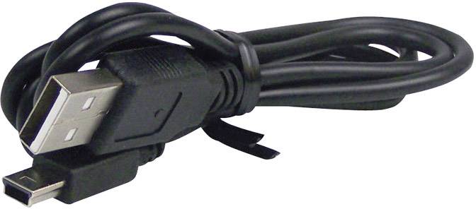 Een zwart USB-kabel met een standaard USB-stekker aan de ene kant en een mini-USB-stekker aan de andere kant.