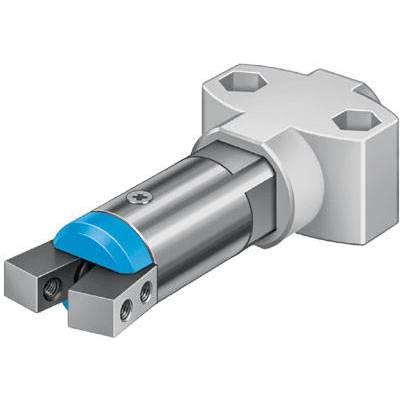 Metalen precisieonderdeel met een cilindrische behuizing en een uitstekend blauw component, waarschijnlijk deel van een technisch apparaat.