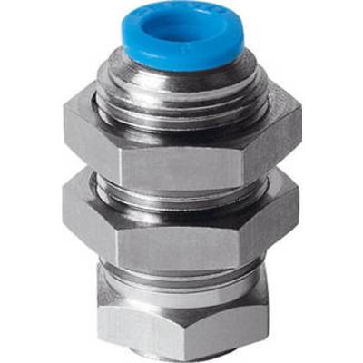 Metalen steekverbinding met een blauwe kunststof afsluiting bovenaan, geschikt voor pijpleidingen of installatie-aansluitingen.