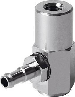 Een haaks geplaatste, metalen buisverbinding met een schroefaansluiting en een schroefdraadaansluiting, geschikt voor hydraulische systemen.