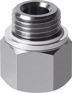 Een zilveren metalen schroefdraadkoppelstuk met zeshoekige basis en afgeronde, geribde aansluiting bovenaan.