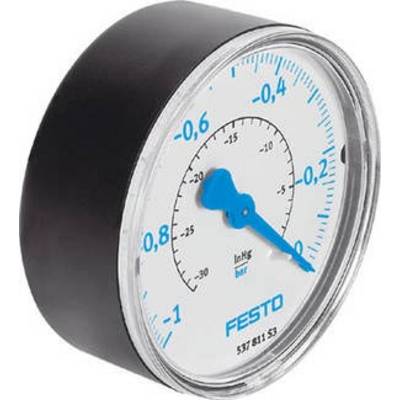 Manometer met zwarte behuizing; toont druk in bar van -1 tot 0. Naald wijst naar -0,8 bar. Opschrift 'Festo' onderaan.