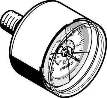 Afbeelding van een drukmeter met schaal van -0,3 tot 0 bar. 'FESTO' is op de wijzerplaat gedrukt.