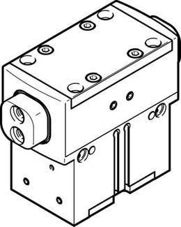 Technische tekening van een rechthoekig mechanisch onderdeel met schroefgaten en zijdelingse aansluitingen, perspectivische weergave.