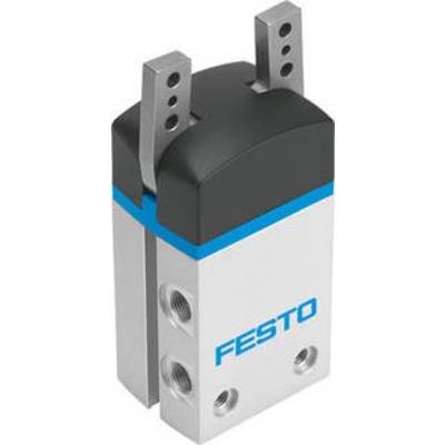 Een pneumatische grijper van het merk Festo met twee metalen grijparmen en meerdere bevestigingsgaten.