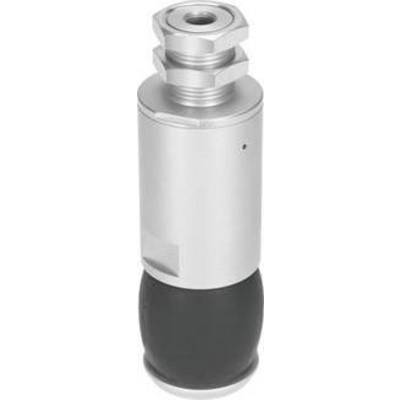 Een cilindrische metalen apparaat met een zwart onderste deel en een zilverkleurig bovenste deel, waarschijnlijk een mechanisch onderdeel of gereedschap.