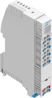 Een grijs elektronisch module met meerdere aansluitklemmen, gebruikt voor DIN-railmontage in elektrische schakelkasten.