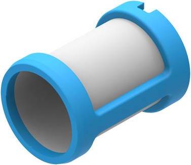 Een cilindrisch object met een blauwe rand en grijze middengedeelte.