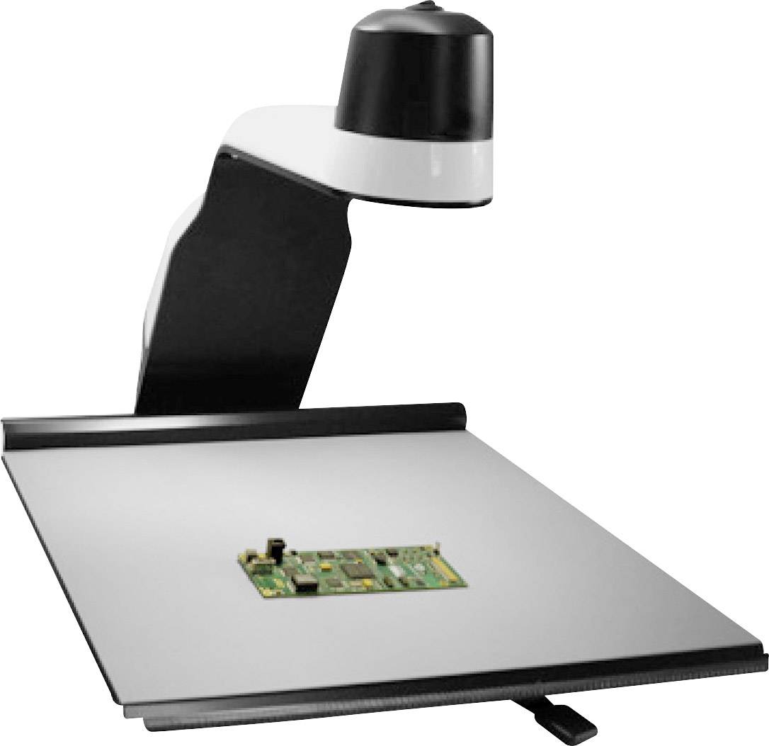 Een moderne documentscanner met een ingebouwde camera die boven een tafel is gepositioneerd, waarop een groen elektronisch onderdeel ligt.