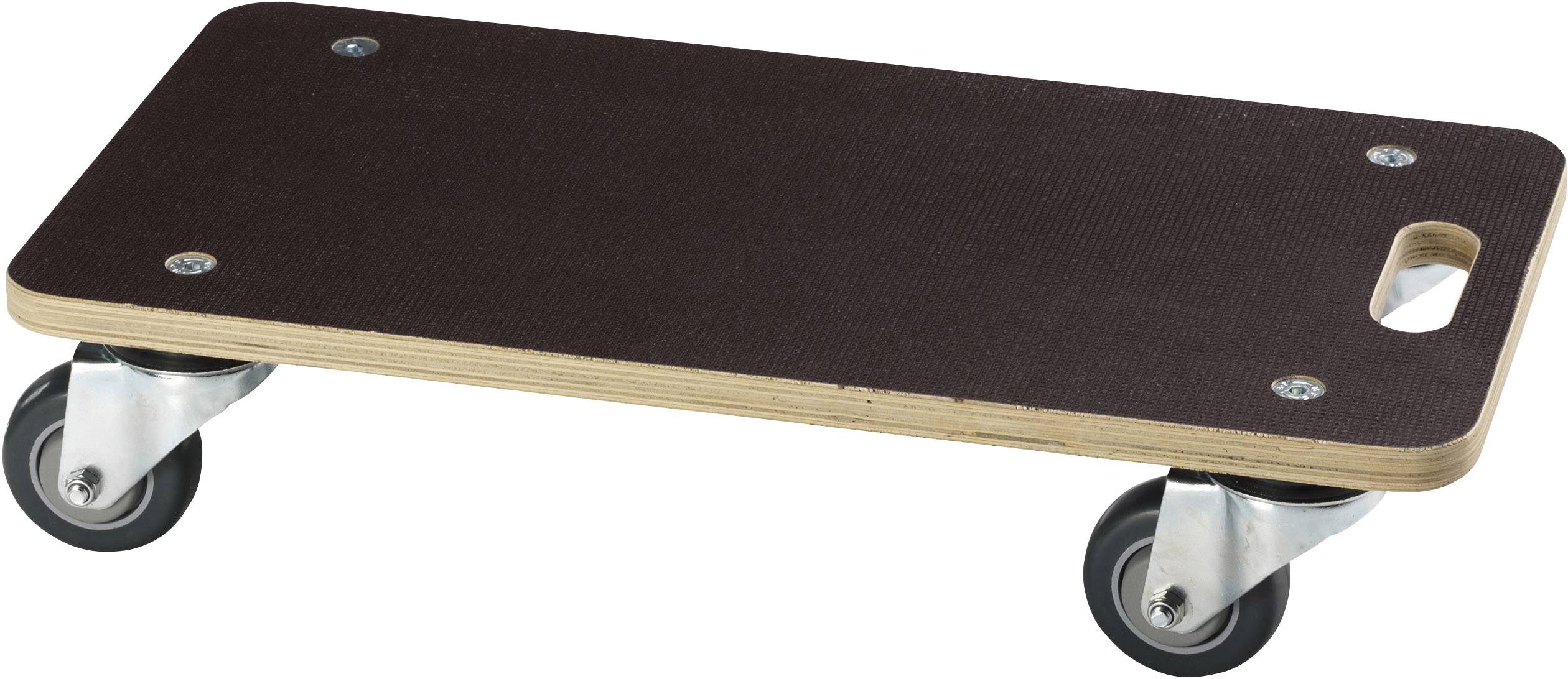 Een platte, rechthoekige transportroller van hout met vier wielen en een handgreep, ideaal voor het verplaatsen van lasten.