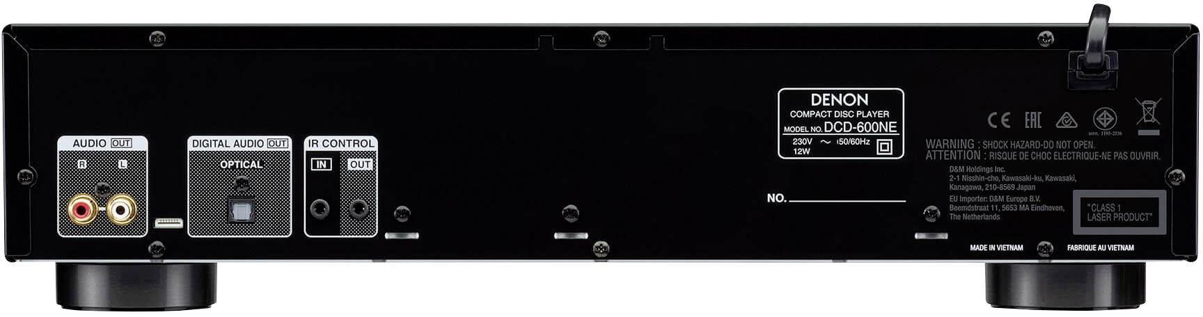 Achterzijde van een CD-speler met aansluitingen voor audio-uitgang, digitale uitgang en afstandsbediening. Model: Denon DCD-600NE.