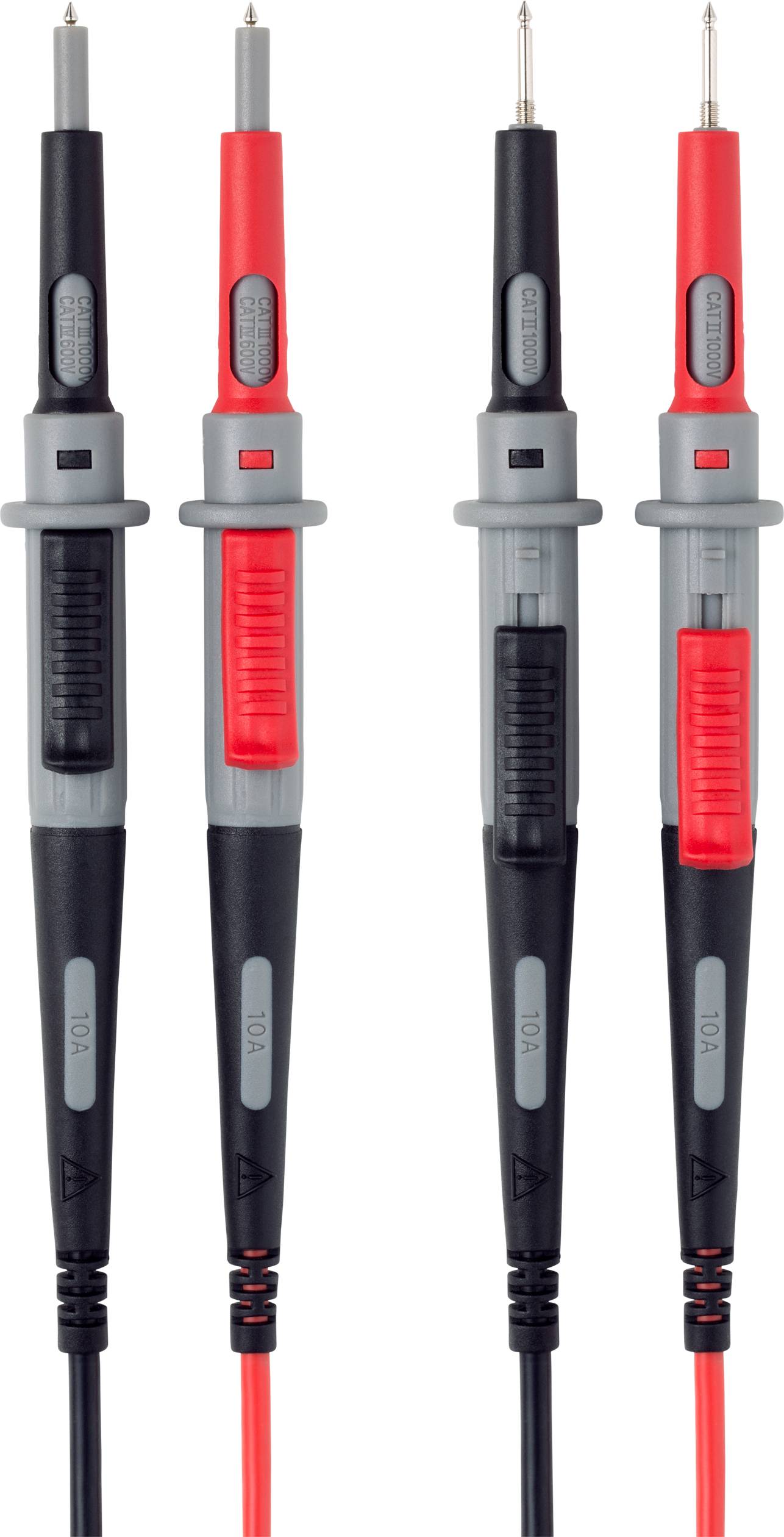 Twee meetleidingen met rode en zwarte meetsnoeren, geschikt voor multimeters voor het uitvoeren van elektrische metingen.