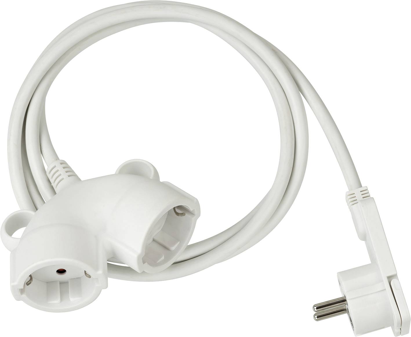 Witte stroomverlengkabel met twee Schuko-stopcontacten en een geaard stekker op een witte achtergrond.