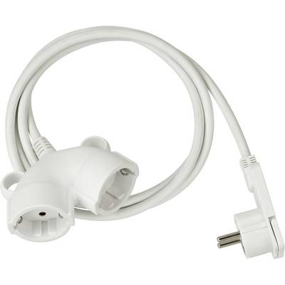 Witte stroomverlengkabel met twee Schuko-stopcontacten en een geaard stekker op een witte achtergrond.