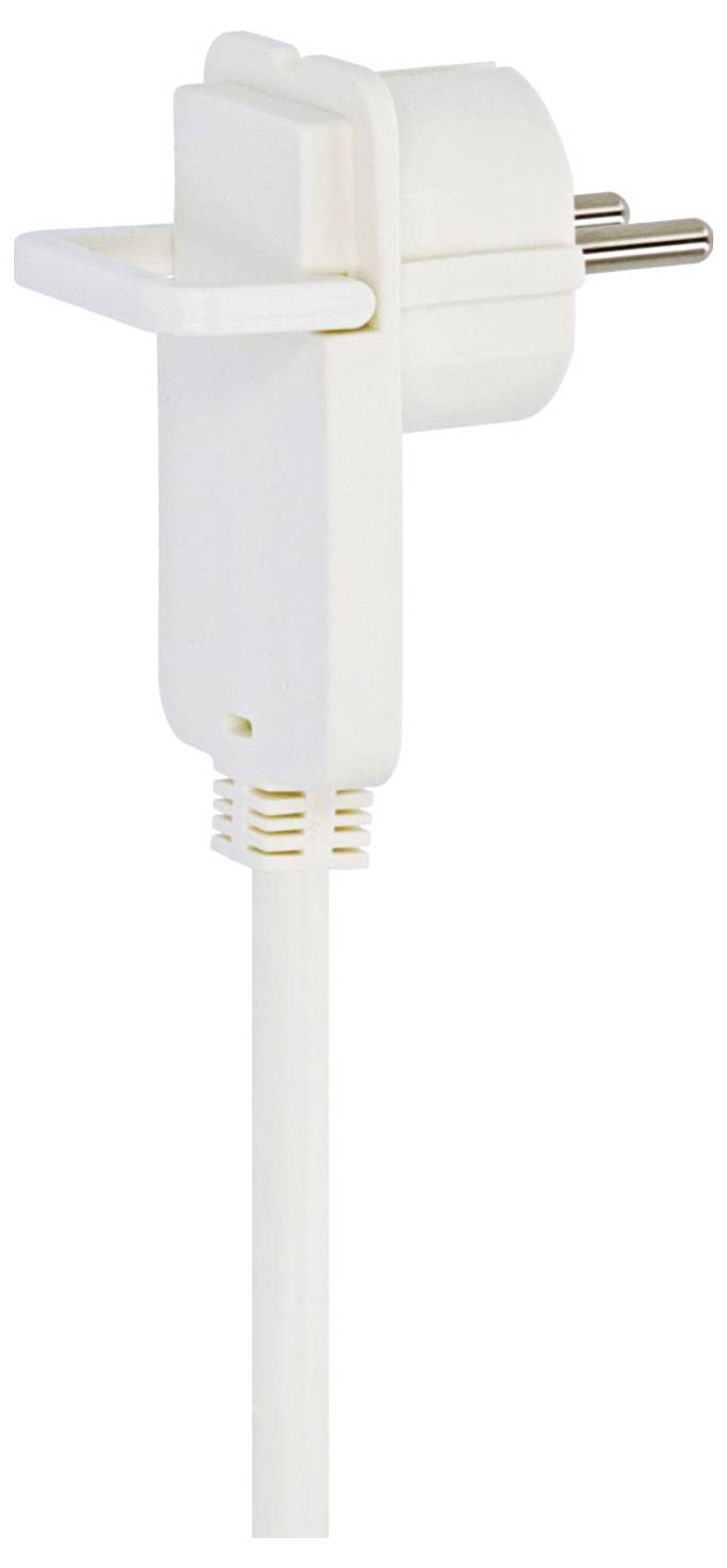 Witte elektrische stekkeradapter met een twee-polige stekker en bijbehorende snoer, weergegeven op een effen witte achtergrond.