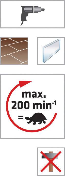 Een diagram met symbolen: boormachine, tegels, glas, een slak met 'max. 200 min⁻¹', en een doorgestreept hamer-symbool.