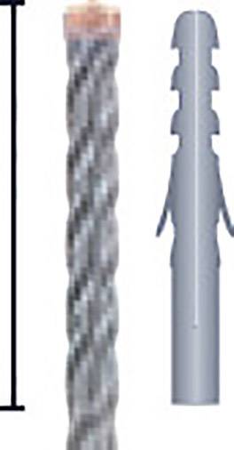 Boor met schroefvormige ribbels naast een grijze kunststof plug.