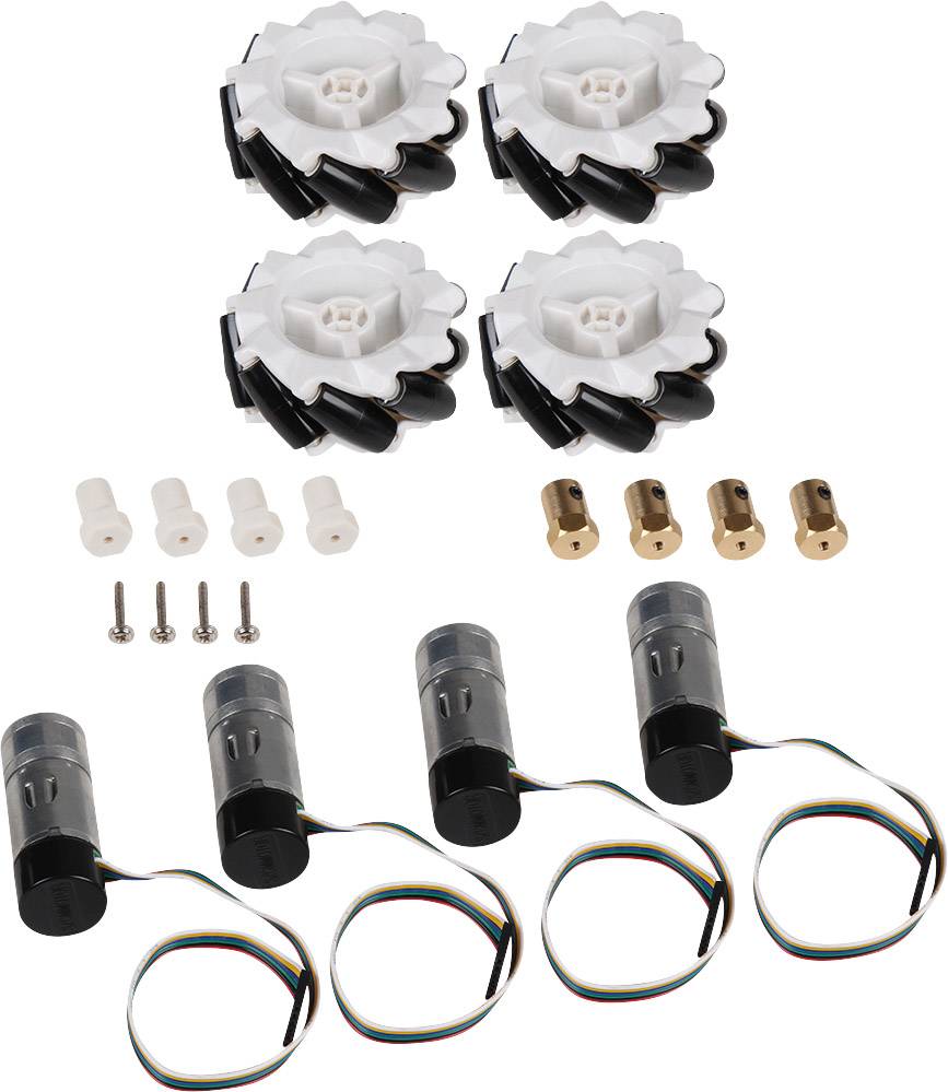 Vier witte wielen met zwarte walsen, vier motoren met kabels, schroeven en adapters op een witte achtergrond.