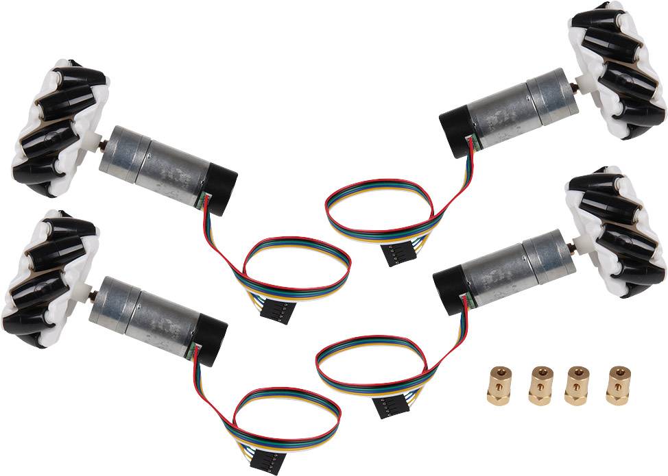 Vier omnidirectionele wielen met elektromotoren en kabels, naast vijf koppelingsdelen. Geschikt voor robottoepassingen.