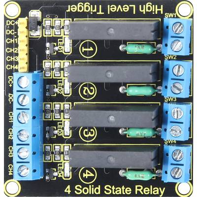 Viervoudig solid-state relaismodule met blauwe schroefklemmen en gele steekverbindingsrails, gemerkt als 'CH1' tot 'CH4'.