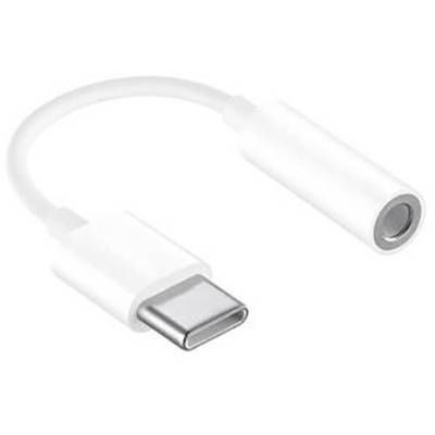 Een witte adapter met een USB-C-aansluiting aan de ene kant en een 3,5-mm-koptelefoonaansluiting aan de andere kant.