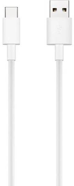 Een wit USB-kabel met een USB-C-aansluiting aan de ene kant en een USB-A-aansluiting aan de andere kant.