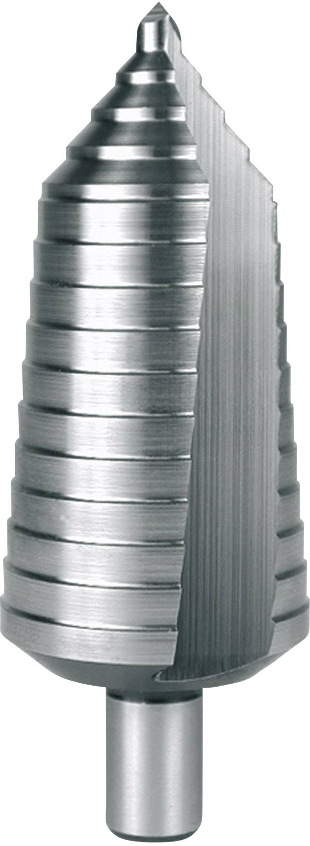 Een zilveren stapsgewijze boor met een conische vorm en meerdere gefaseerde diameters op een witte achtergrond.
