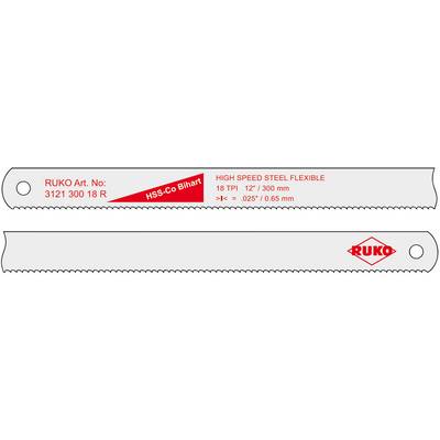 Twee zaagbladen met de vermelding 'RUKO Art. No: 3121 300 18 R', 'HSS-Co Bimetaal', '18 TPI 12" 300 mm', 'RUKO'.